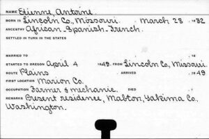 A card for Antoine Etienne appears in the Oregon Pioneer Index.